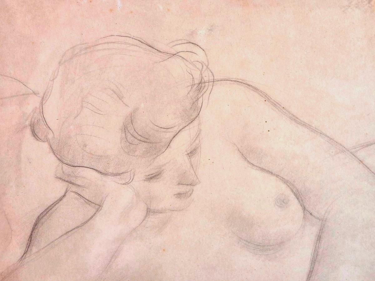 Painting: Academic Nude Drawing Of A Woman, Signed By Yona Art Deco-photo-2