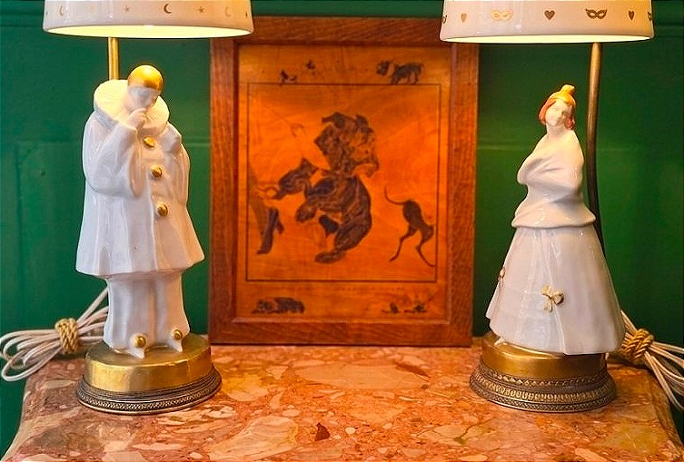 Pierrot And Colombine Edouard-marcel Sandoz Table Lamp Pair For Théodore Haviland