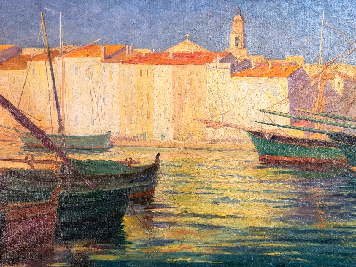 Tableau Bord de mer Saint-Tropez Côte d' Azur signé Alphonse Gauret début XXème-photo-2