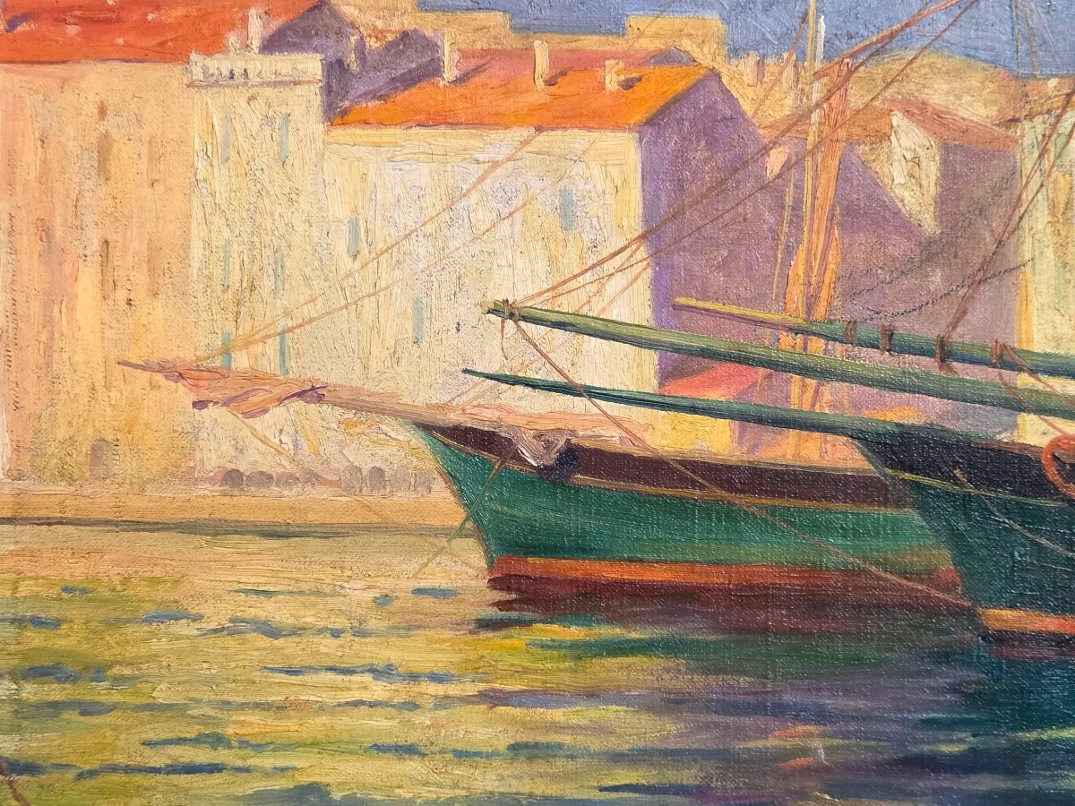 Tableau Bord de mer Saint-Tropez Côte d' Azur signé Alphonse Gauret début XXème-photo-3