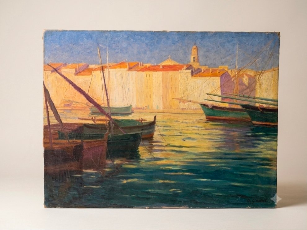 Tableau Bord de mer Saint-Tropez Côte d' Azur signé Alphonse Gauret début XXème