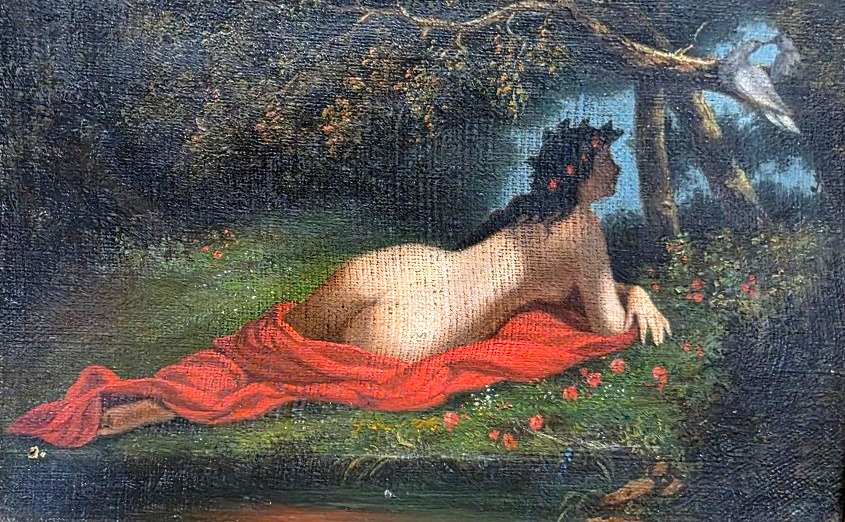 Oil Painting: “nymph Contemplating A Pair Of Birds,” French School, 19th Century-photo-2