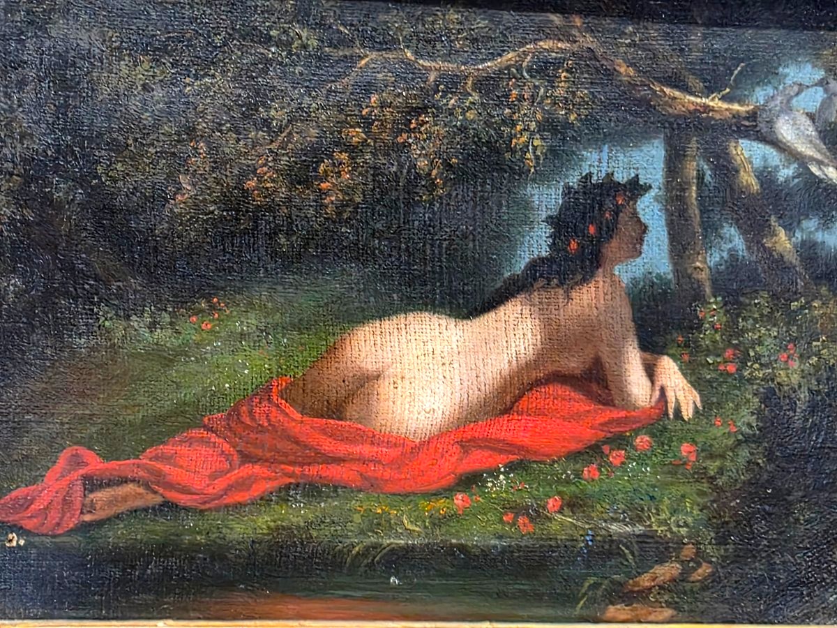 Oil Painting: “nymph Contemplating A Pair Of Birds,” French School, 19th Century-photo-3