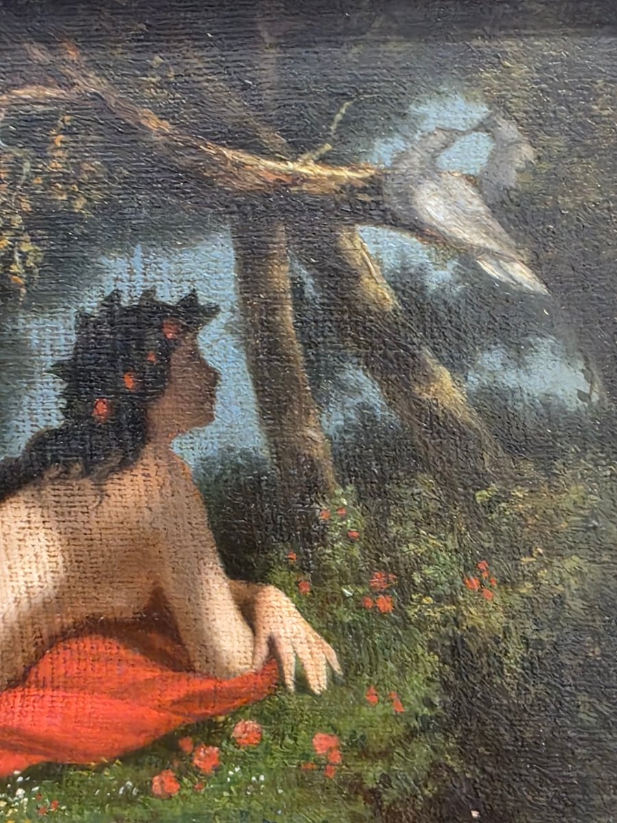 Oil Painting: “nymph Contemplating A Pair Of Birds,” French School, 19th Century-photo-3