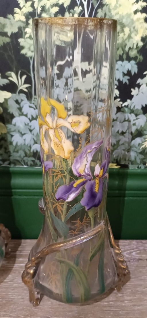 Pair Of Art Nouveau Enamel Vases With Irises, Manufacture De Montjoye (legras)-photo-3
