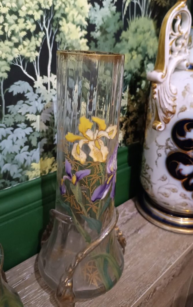 Pair Of Art Nouveau Enamel Vases With Irises, Manufacture De Montjoye (legras)-photo-1