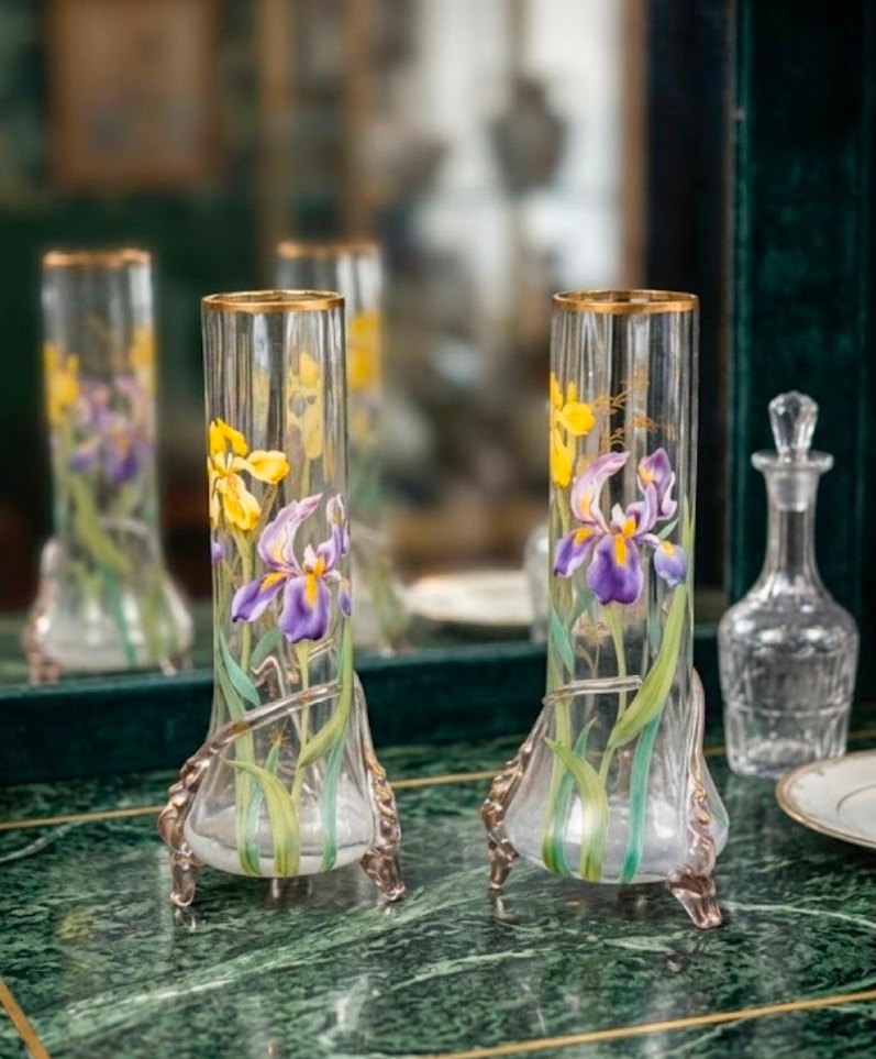 Pair Of Art Nouveau Enamel Vases With Irises, Manufacture De Montjoye (legras)