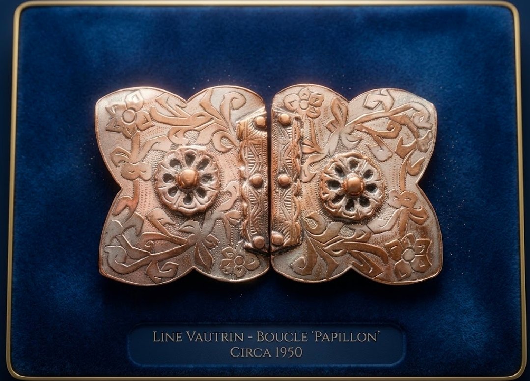 ​Line VAUTRIN (1913-1997) Rare boucle de ceinture en bronze à décor végétal et floral 1950