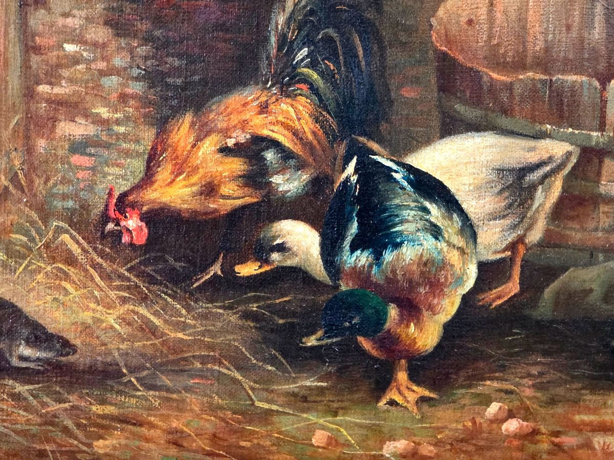 Tableau ancien siècle Scène de basse-cour animée dans un cadre doré XIXème-photo-4