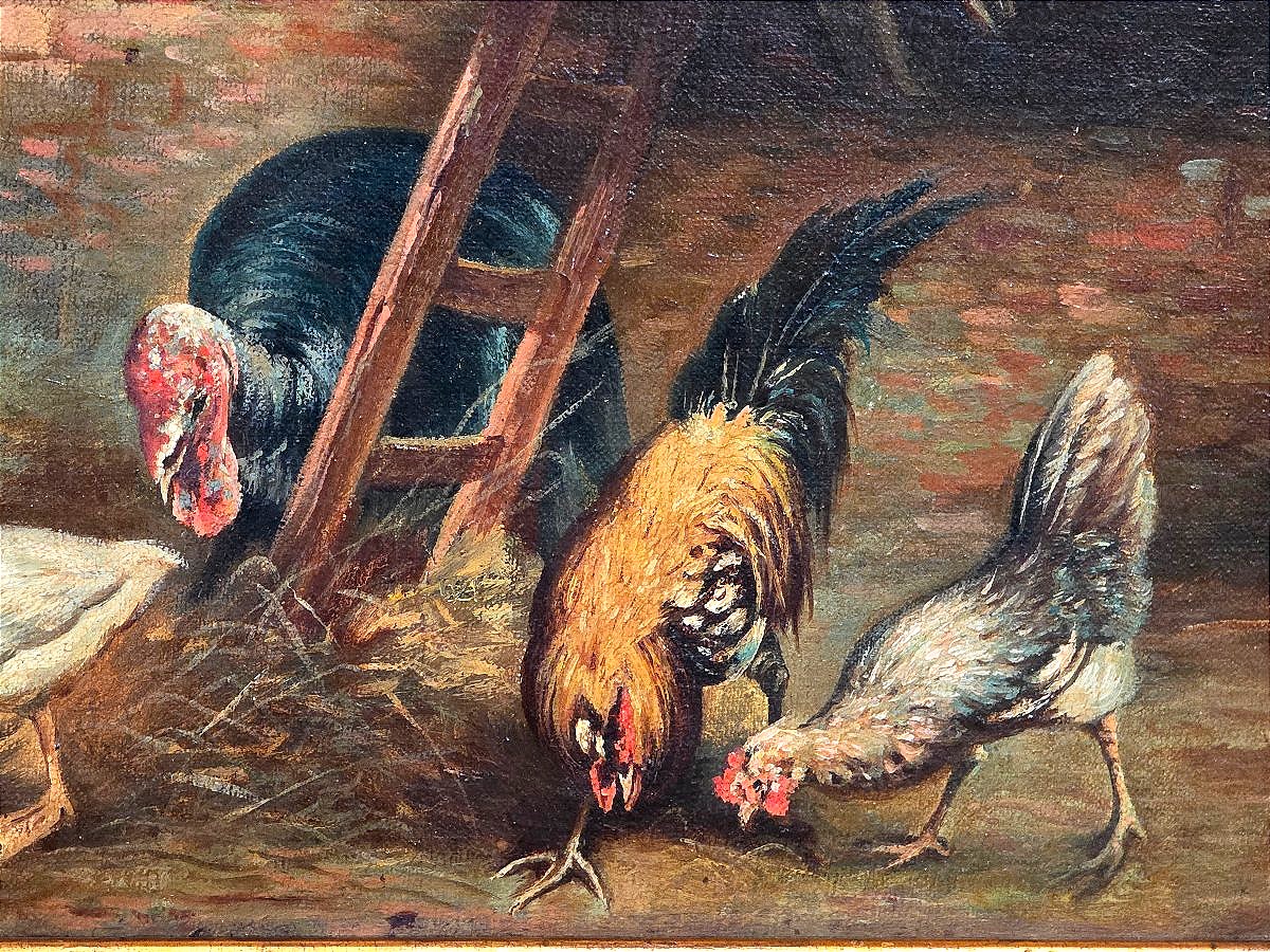 Tableau ancien siècle Scène de basse-cour animée dans un cadre doré XIXème-photo-2