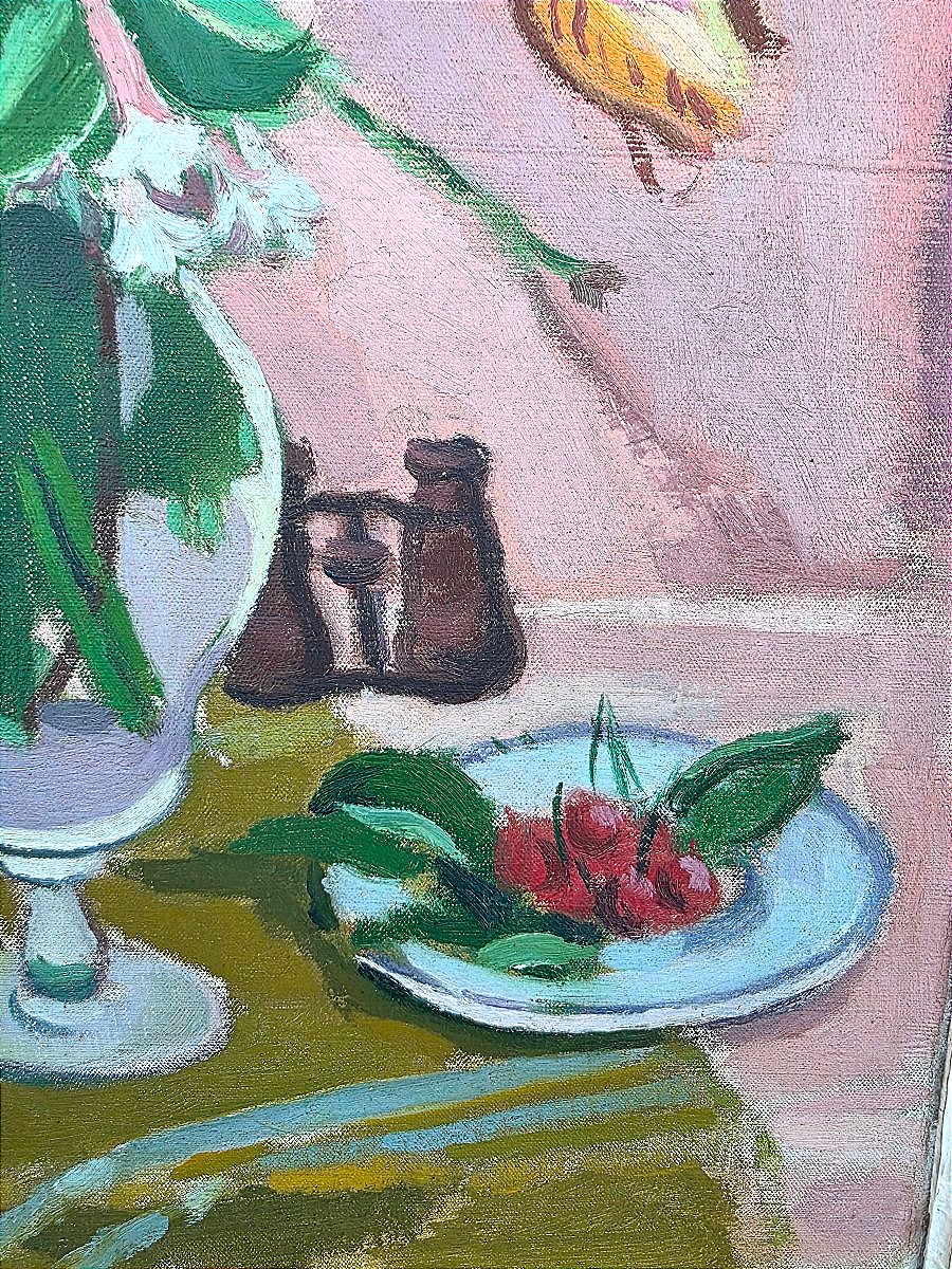 Jules CAVAILLÈS (1901-1977) – Nature morte au bouquet de fleurs, jumelles et pièce d'échec ​-photo-1
