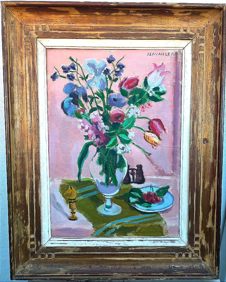 Jules CAVAILLÈS (1901-1977) – Nature morte au bouquet de fleurs, jumelles et pièce d'échec ​-photo-3