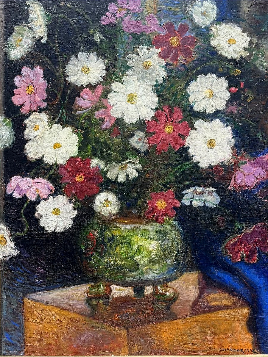 Charles CHARDAR (1885-1969) – Bouquet de cosmos dans un vase en céramique 1948 -photo-3