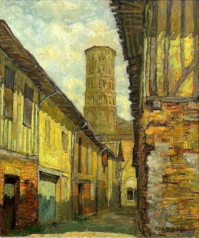 Charles Chardar (1885-1969) - View Of Medieval Alley And Roman Bell Tower In Occitania -photo-2