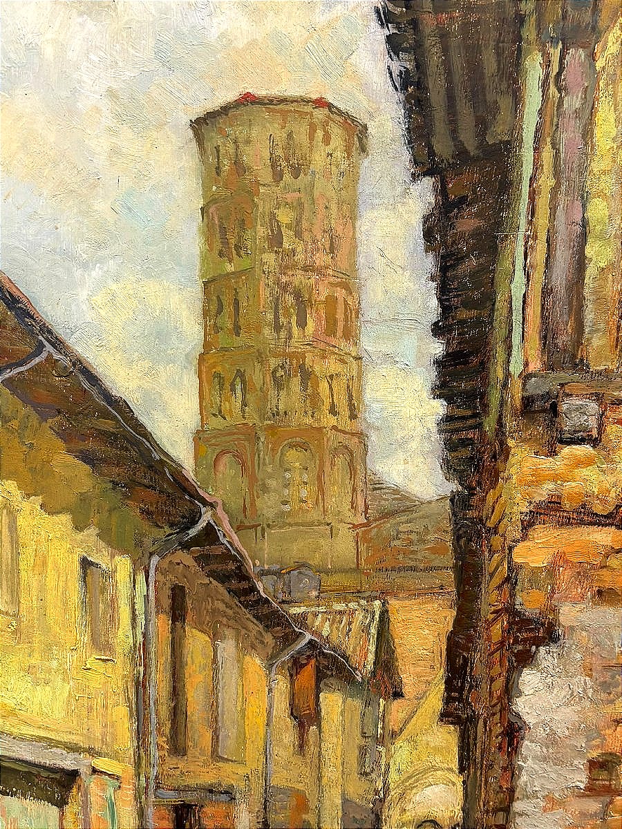 Charles Chardar (1885-1969) - View Of Medieval Alley And Roman Bell Tower In Occitania -photo-4
