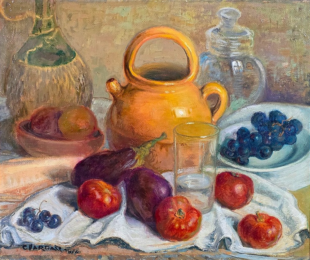 Tableau Nature Morte aux Aubergines et Cruche signé Charles CHARDAR (1885-1969) ​-photo-2