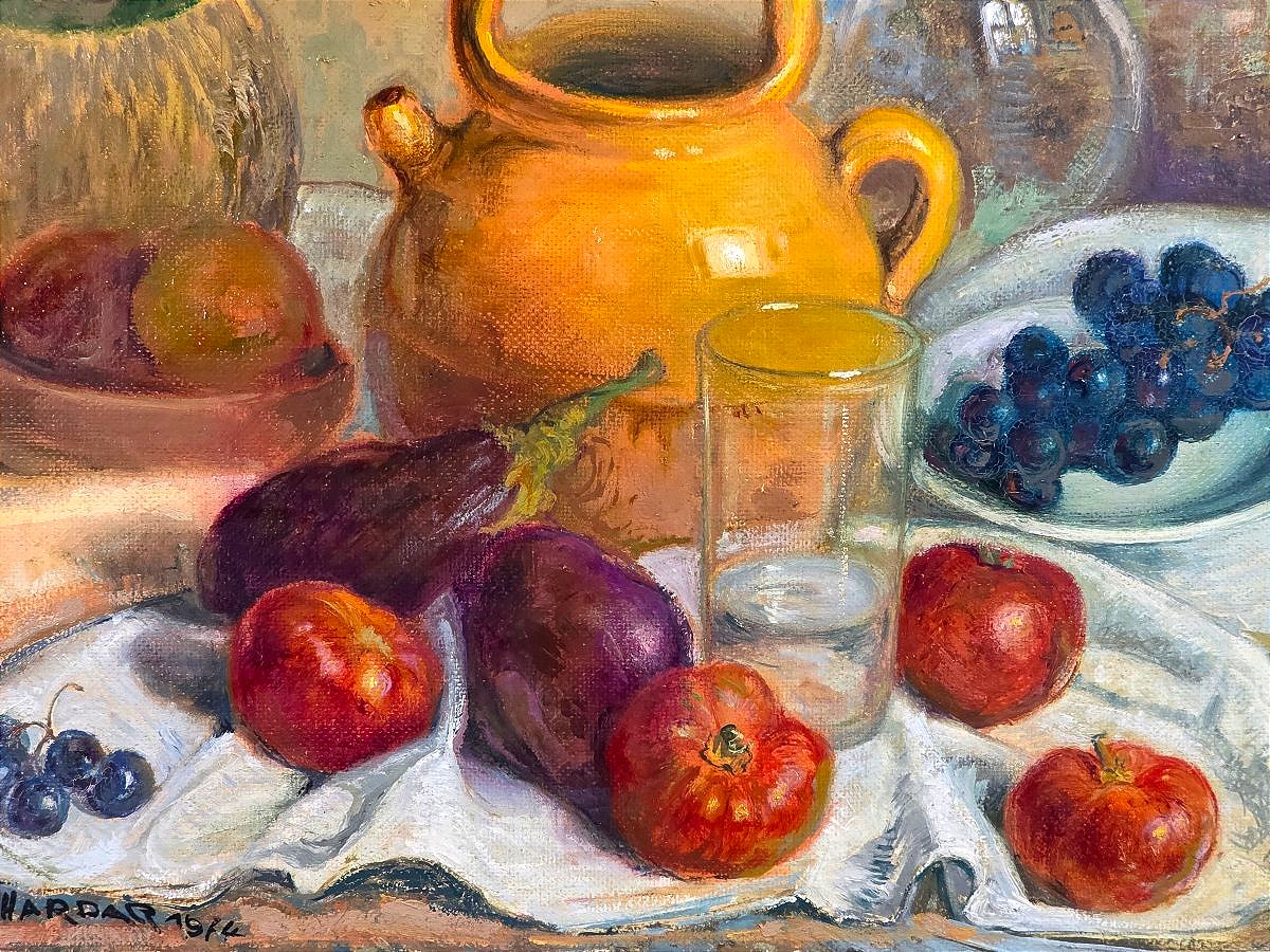 Tableau Nature Morte aux Aubergines et Cruche signé Charles CHARDAR (1885-1969) ​-photo-3