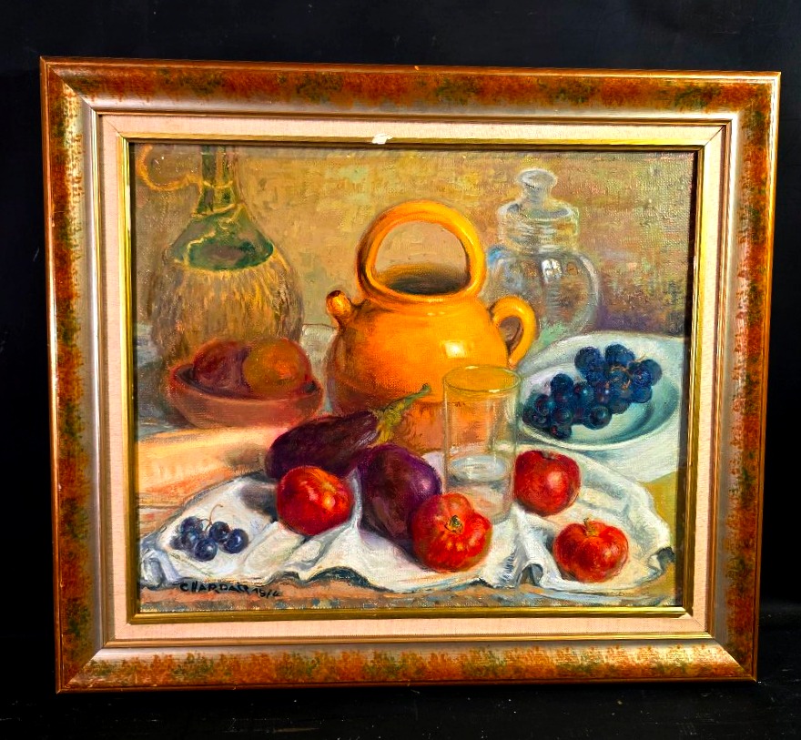 Tableau Nature Morte aux Aubergines et Cruche signé Charles CHARDAR (1885-1969) ​-photo-6