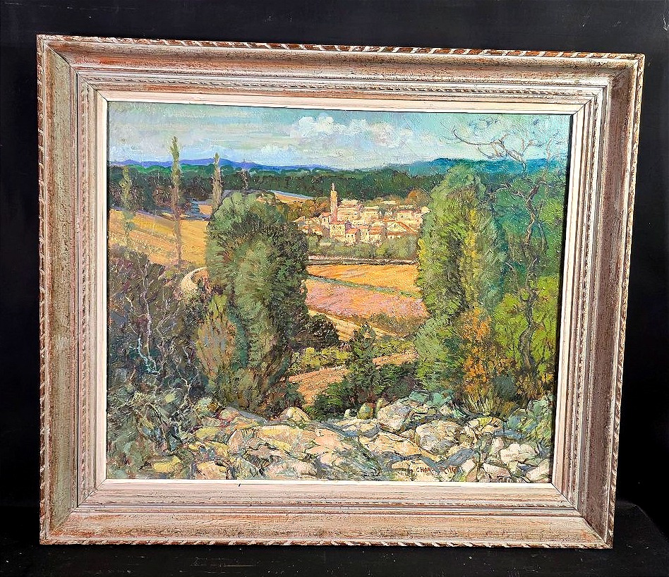 ​Charles CHARDAR (1885-1969) – Paysage de Provence aux oliviers et clocher (1962) 