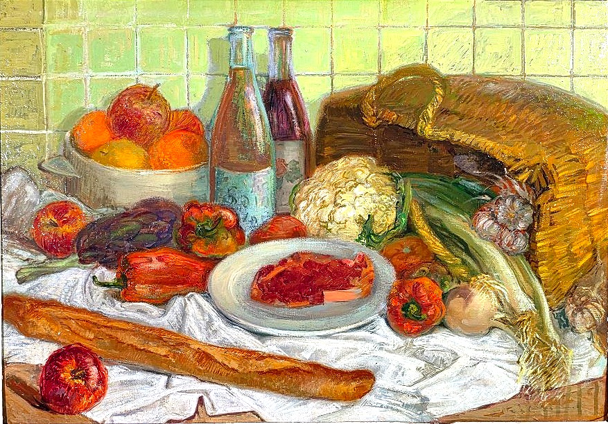 Tableau Grande Nature Morte Gourmande – Huile sur Panneau par Charles Chardar ​-photo-2