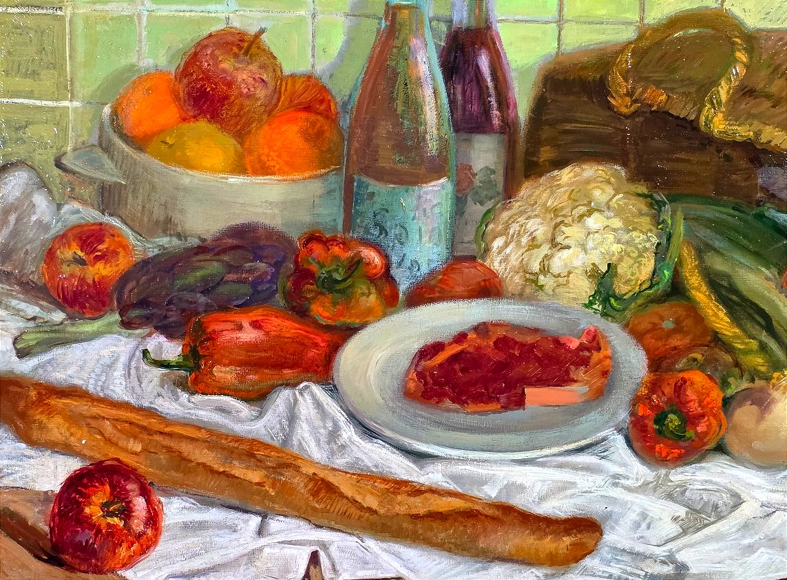 Tableau Grande Nature Morte Gourmande – Huile sur Panneau par Charles Chardar ​-photo-4