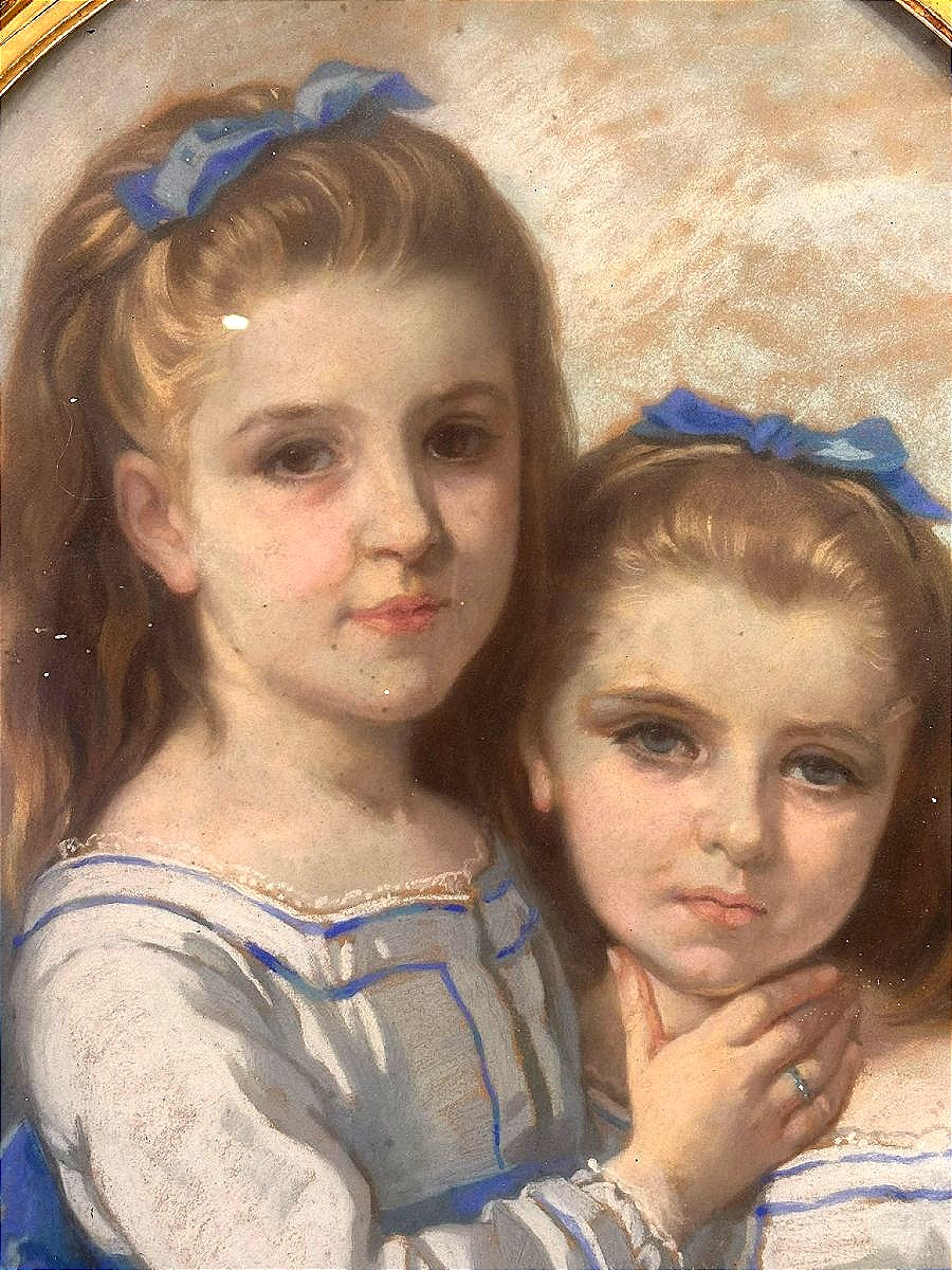 Portrait Of Two Young Girls With A Blue Ribbon – Pastel By Aimé-henri-edmond Sewrin-bassompierre-photo-4