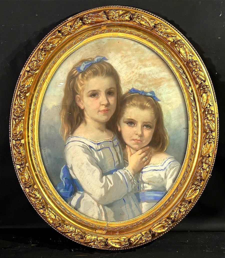 Portrait Of Two Young Girls With A Blue Ribbon – Pastel By Aimé-henri-edmond Sewrin-bassompierre