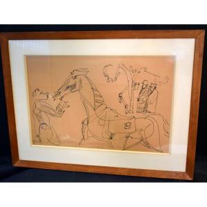 Feather Painting Chinese Ink Horses Signed Charles Lapicque (1898-1988)