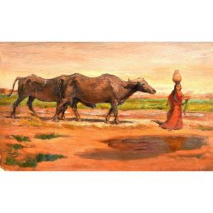 Landscape Oil Painting Animated India Signed Robert Hofmann (1889-1987)