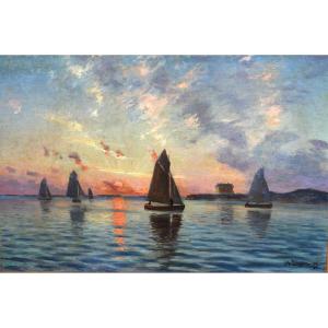 Painting Seascape Boats Sunset Signed Johan Erik Ericson (1849-1925)