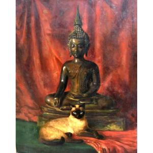 Oil Painting Siamese Cat And Buddha Signed Yvonne Laur (1879-1943) 20th