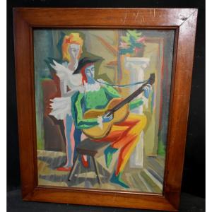 Tableau Huile Joueur De Guitare Et Ballerine école Française XXème