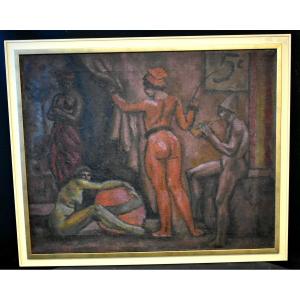 Oil Painting Circus Scene Signed Georges De Traz (1881-1955) Dated 1914 Art Deco