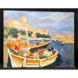 Tableau huile Bord de mer Bateaux Cubisme signé Jan Jacob KATE III (1914-1996)
