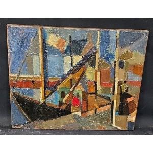 Tableau huile Bord de mer Cubisme atelier Jan Jacob KATE III (1914-1996)