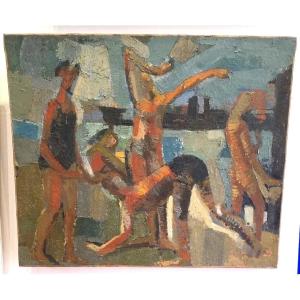 Tableau huile Baigeurs sur la plage Atelier Jan Jacob KATE III (1914-1996)