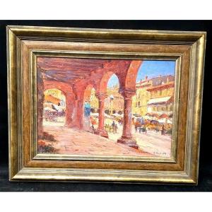 Tableau huile vue animée de Vérone signé Alexis Auguste DELAHOGUE(1867-1953)