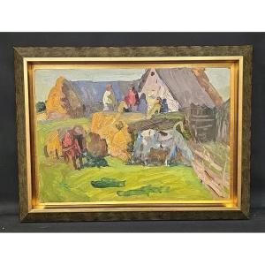 Tableau huile paysage Ferme école Ukrainienne XXème