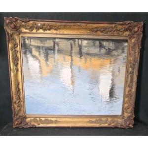 Tableau Marine Bord de Mer Le Pont dans l'eau signé Enzo Melchiorre XXÈME 