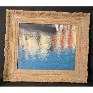 Tableau Marine Bord de Mer Reflets sur Le Port signé Enzo Melchiorre XXÈME 