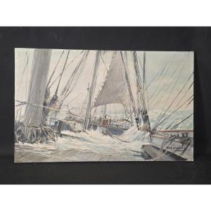 Tableau huile Marine :  « Bateau trois mâts par gros temps »