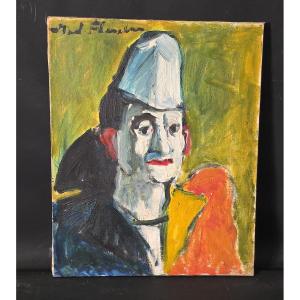 Tableau huile, portrait de clown de cirque signé :Madeleine FLESCHNER