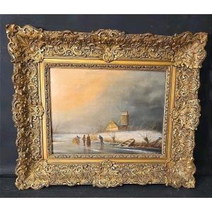 Old Oil Painting Of Skaters On A Frozen Lake, Signed By The Dutch School In The 19th Century