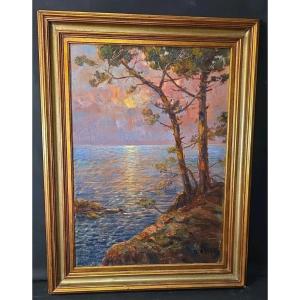 Tableau huile Marine bord de mer signé Dieudonné JACOBS(1887-1967)