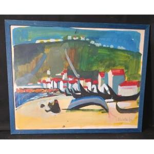 Tableau Marine bord de mer bateaux signé Georges BRIATA (1933-2019)