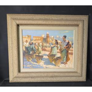 Oil Painting Landscape View Of Animated Collioure Loui-raoul Guiraud (1888-1976)