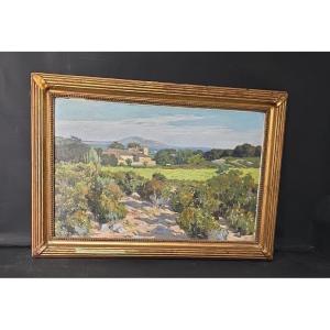 Tableau huile paysage marin Provence Aloès signé Louis Raoul GUIRAUD (1888-1976)