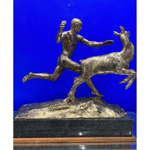 Title: Gilt Bronze Sculpture By Paul Landowski (1875-1961), Hercules Capturing The Ceryneian Hind