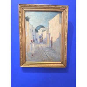 Tableau huile ruelle de Sidi Bou Saïd Tunisie Orientaliste début XXème 