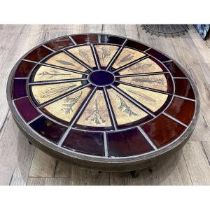 Roger CAPRON ( 1922 - 2006) Table basse Herbarium en céramique émaillée et bois 